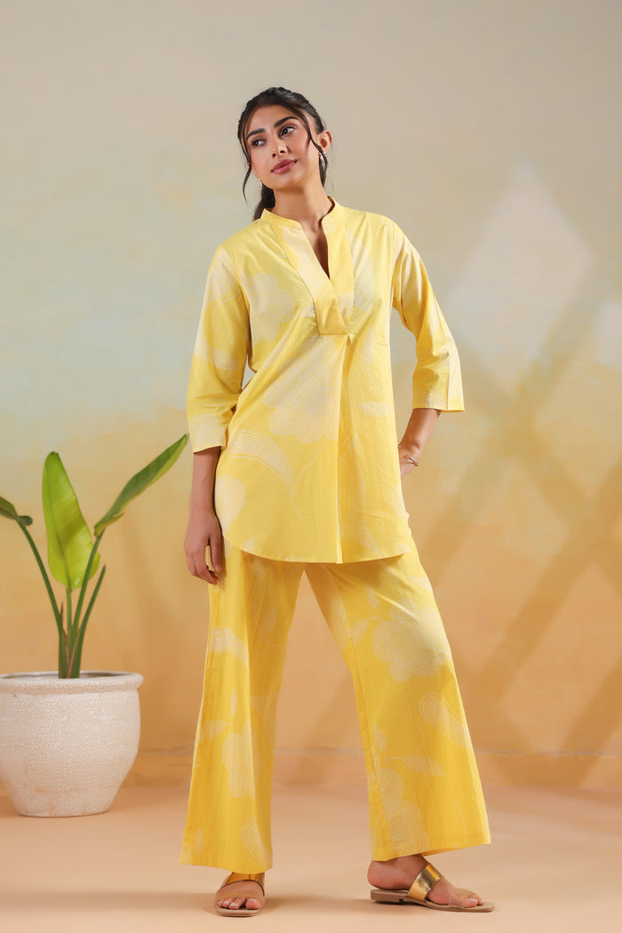 Pastel Yellow Floral Printed Casual Cotton Co-ord Set