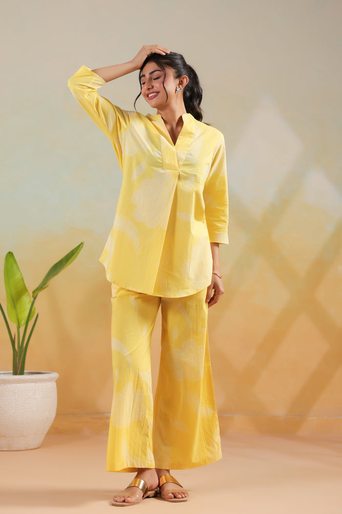 Pastel Yellow Floral Printed Casual Cotton Co-ord Set