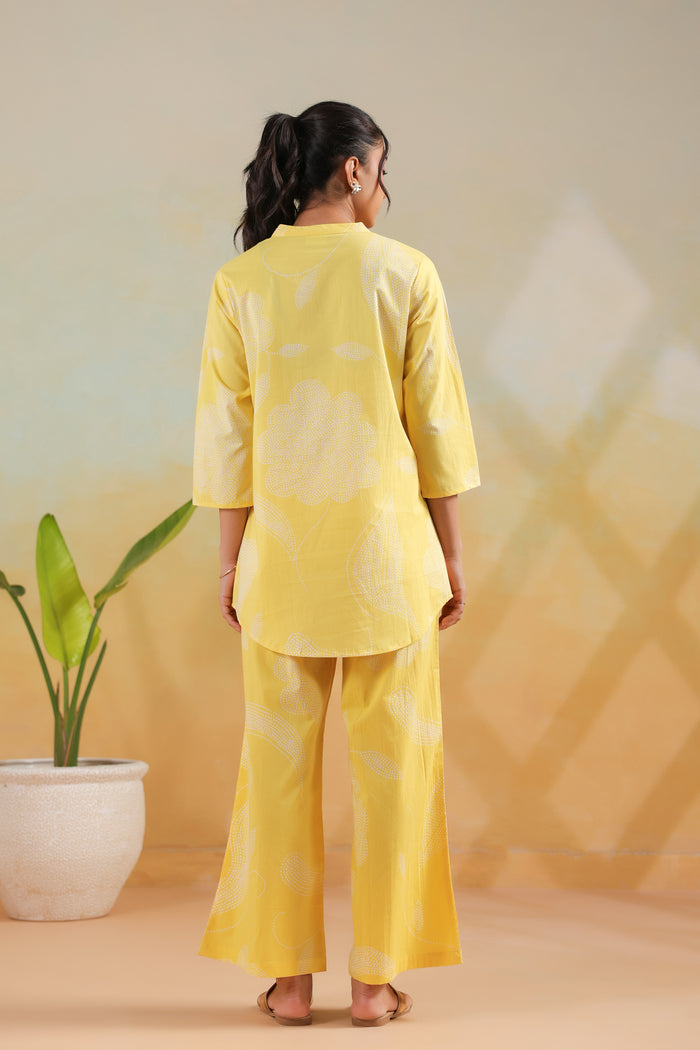 Pastel Yellow Floral Printed Casual Cotton Co-ord Set