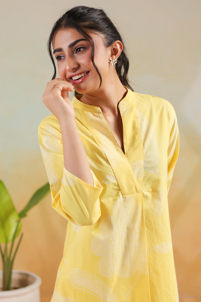 Pastel Yellow Floral Printed Casual Cotton Co-ord Set