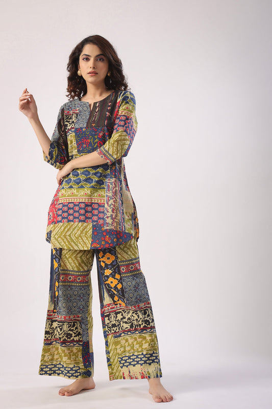 Patch Print on Blue Cotton Palazzo Loungewear Set