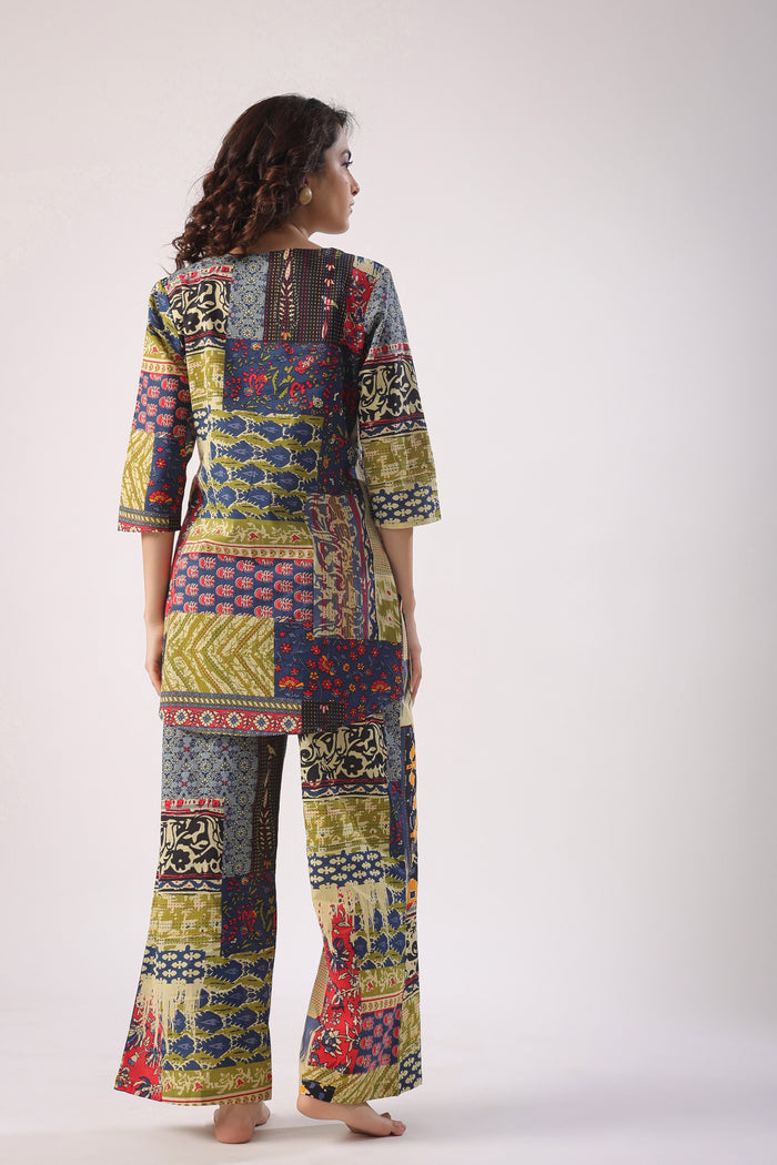 Patch Print on Blue Cotton Palazzo Loungewear Set