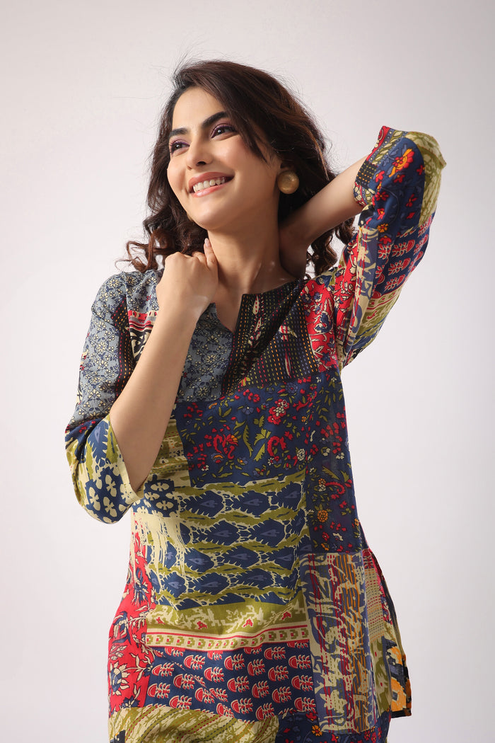 Patch Print on Blue Cotton Palazzo Loungewear Set