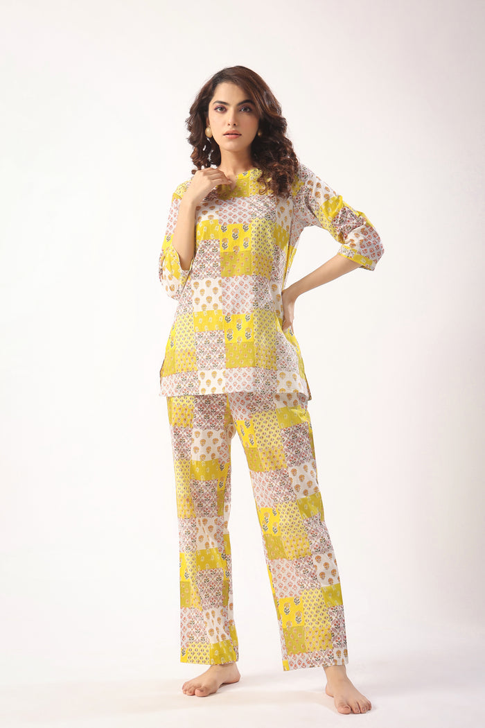 Patch Print on Mustard Cotton Loungewear Top Set