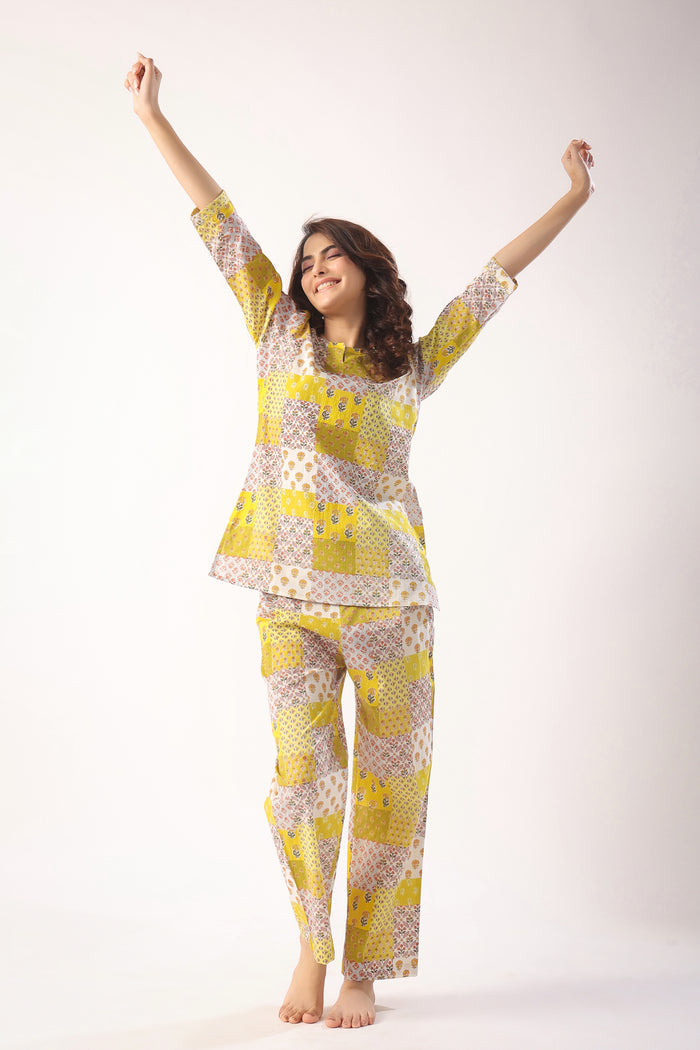 Patch Print on Mustard Cotton Loungewear Top Set