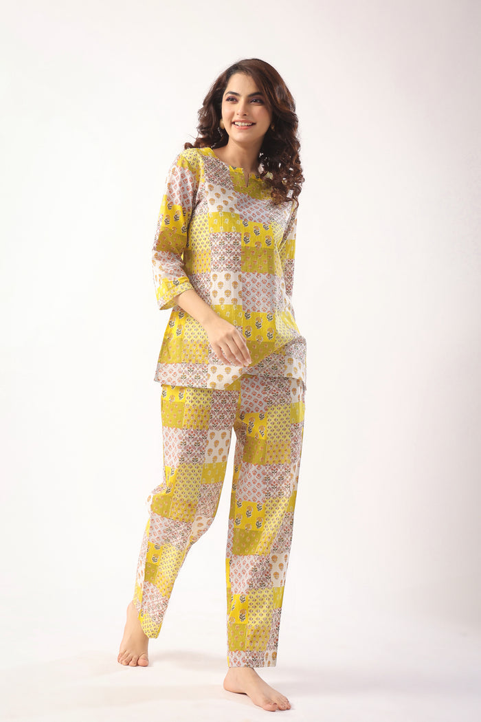 Patch Print on Mustard Cotton Loungewear Top Set