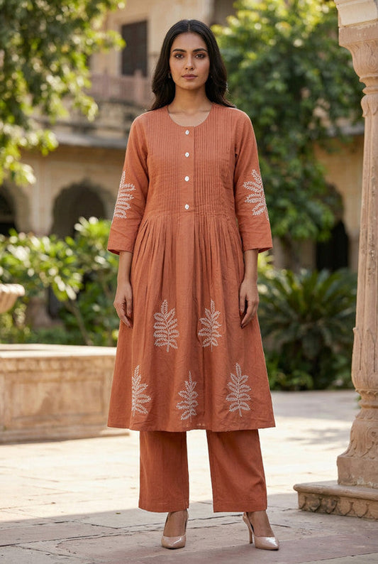 Peach Leaf Pleated Detail Embroidered Cotton Co-ord Set