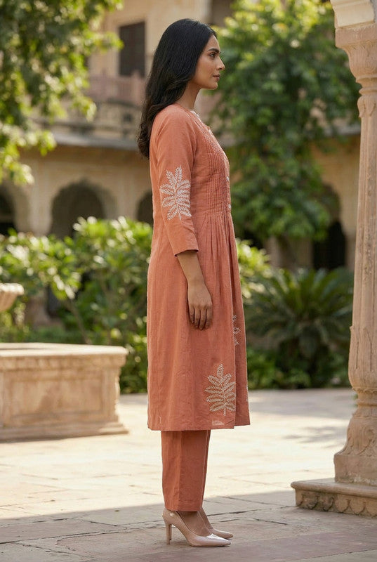 Peach Leaf Pleated Detail Embroidered Cotton Co-ord Set
