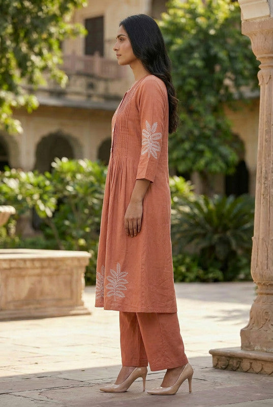 Peach Leaf Pleated Detail Embroidered Cotton Co-ord Set