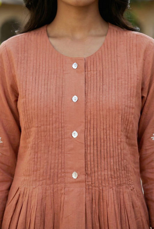 Peach Leaf Pleated Detail Embroidered Cotton Co-ord Set
