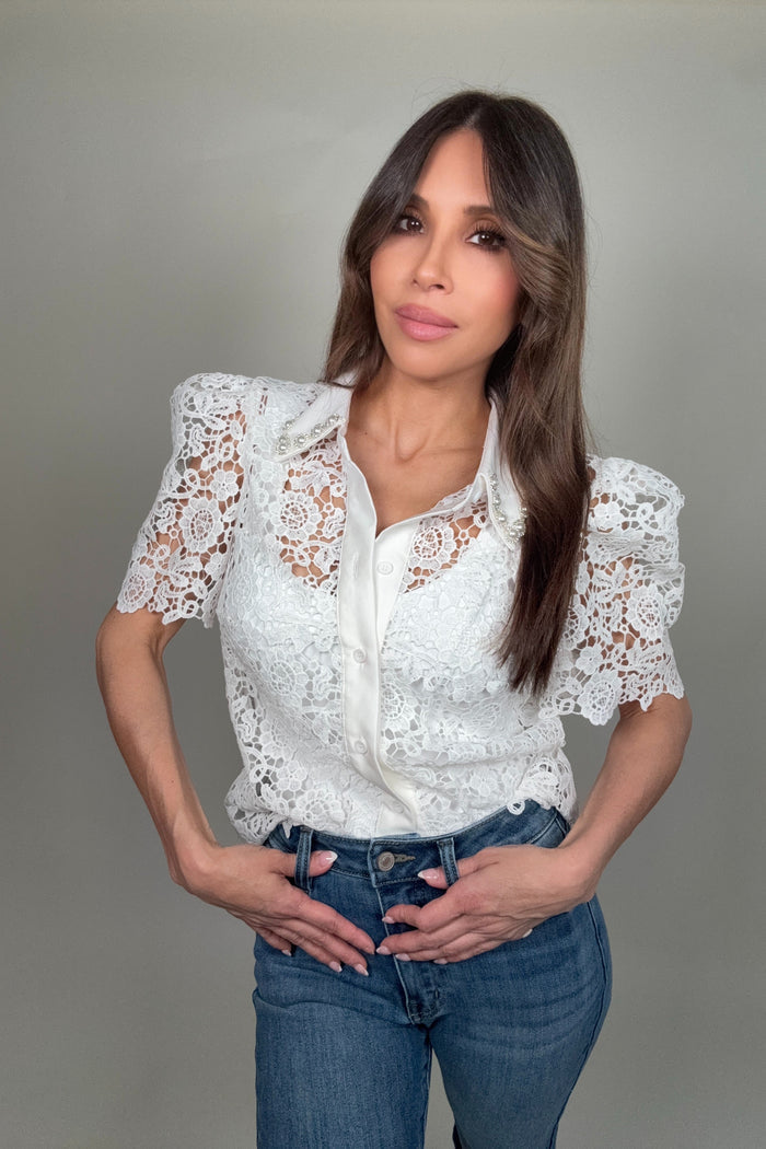 Style the Pearl Embellished Collar Lace Blouse exclusively at Born To Glam