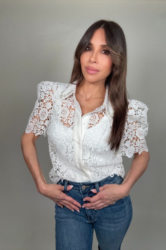 Style the Pearl Embellished Collar Lace Blouse exclusively at Born To Glam