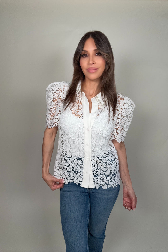 Style the Pearl Embellished Collar Lace Blouse exclusively at Born To Glam