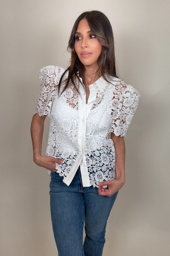 Style the Pearl Embellished Collar Lace Blouse exclusively at Born To Glam