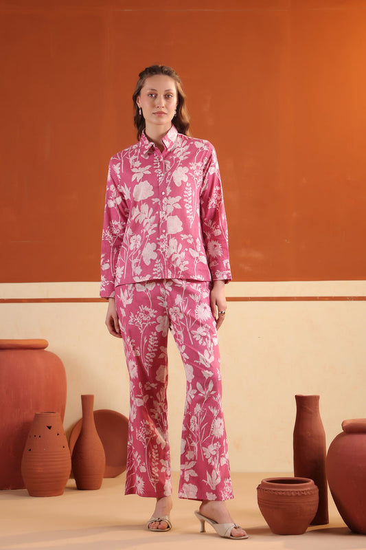 Pink Blossom Printed Cotton Shirt with Straight Pants Co-ord Set