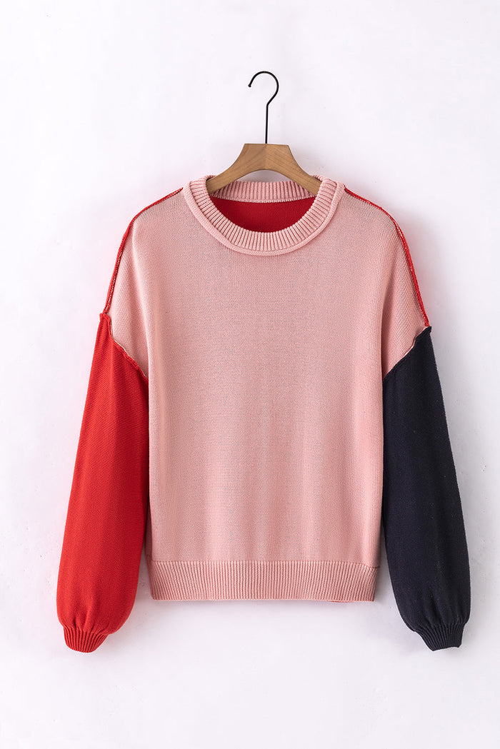 Pink Colourblock Bishop Sleeve Ribbed Trim Sweater - Sweaters & Cardigans/Sweaters