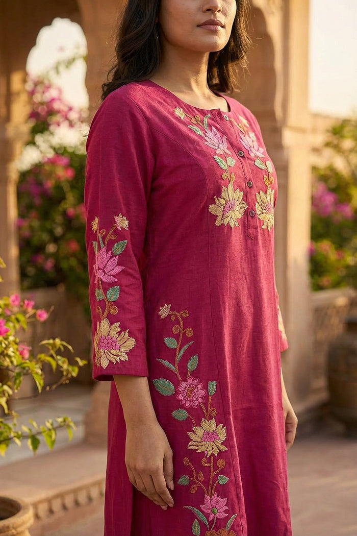 Pink Floral Embroidered Motif Cotton Flex Co-ord Set