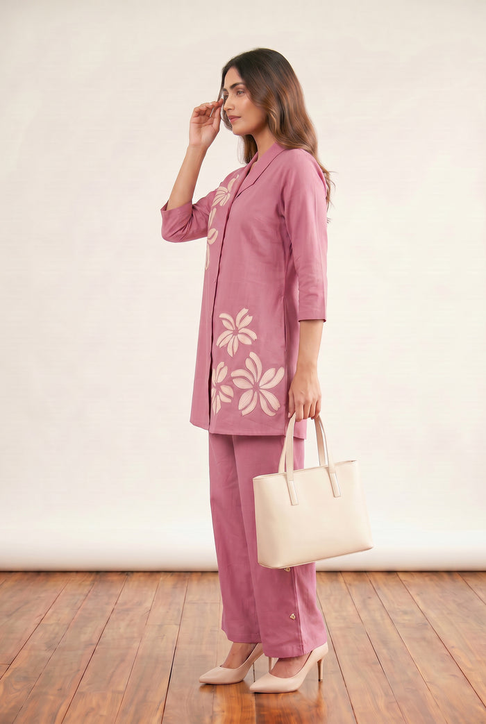 Pink Floral Embroidery Shirt Collar Cotton Flex Co-ord Set