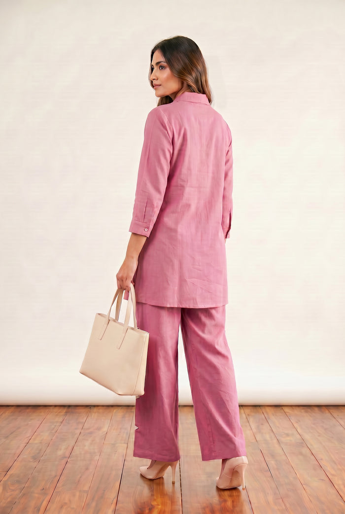 Pink Floral Embroidery Shirt Collar Cotton Flex Co-ord Set