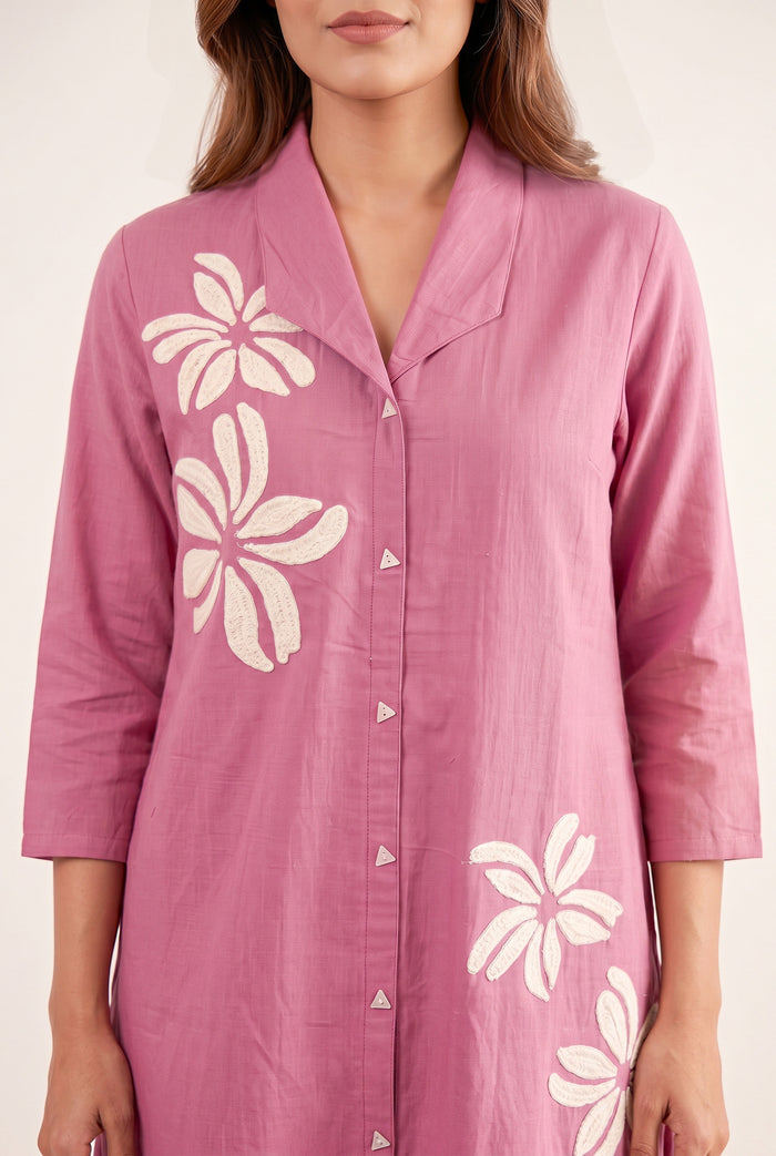 Pink Floral Embroidery Shirt Collar Cotton Flex Co-ord Set