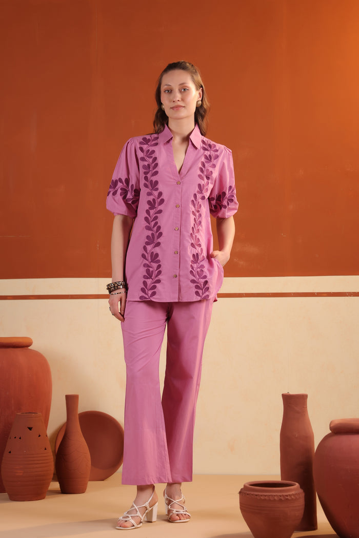 Pink Floral Vine Embroidered Cotton Top with Straight Pants Co-ord Set