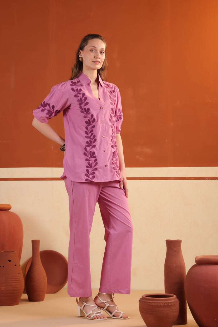 Pink Floral Vine Embroidered Cotton Top with Straight Pants Co-ord Set