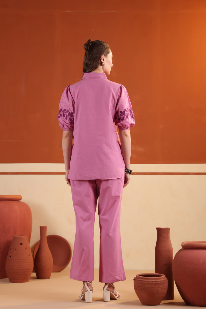 Pink Floral Vine Embroidered Cotton Top with Straight Pants Co-ord Set