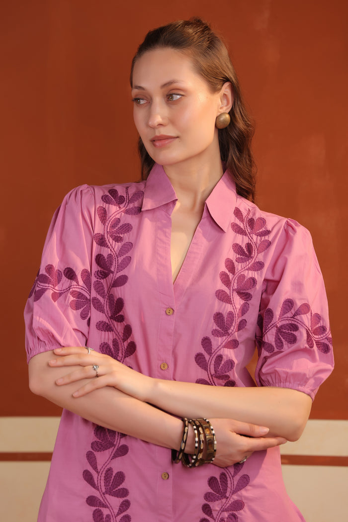Pink Floral Vine Embroidered Cotton Top with Straight Pants Co-ord Set