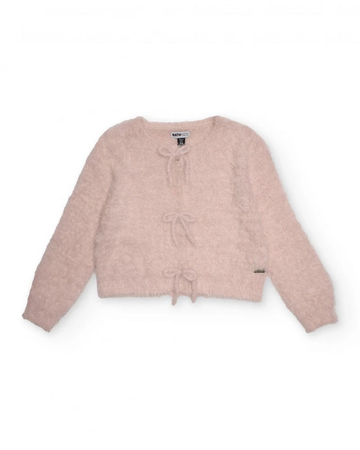 Pink knitted cardigan for girls with decorative bows