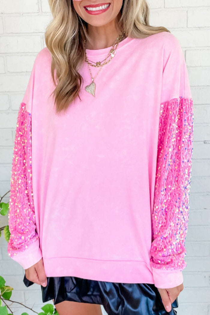 Pink Sequin Patchwork Long Sleeve Pullover Top - Sweaters & Cardigans/Sweaters