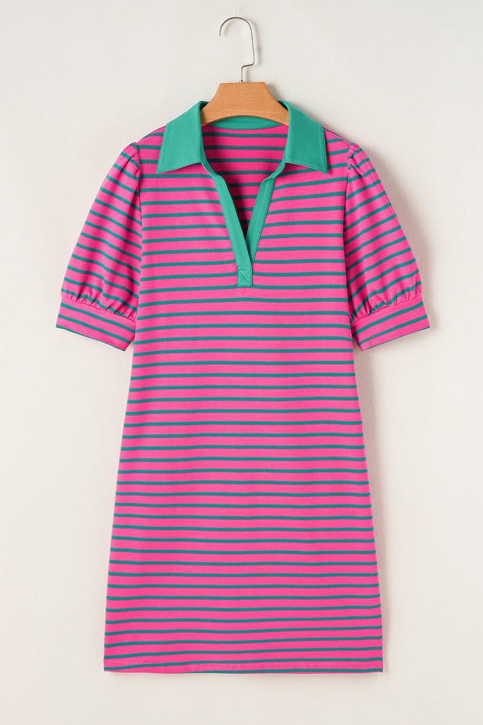 Pink Stripe Collared V Neck Puff Sleeve T Shirt Dress - Dresses/T Dresses