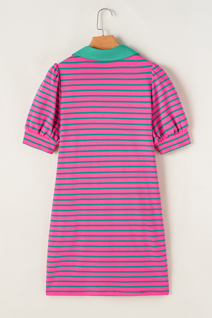 Pink Stripe Collared V Neck Puff Sleeve T Shirt Dress - Dresses/T Dresses