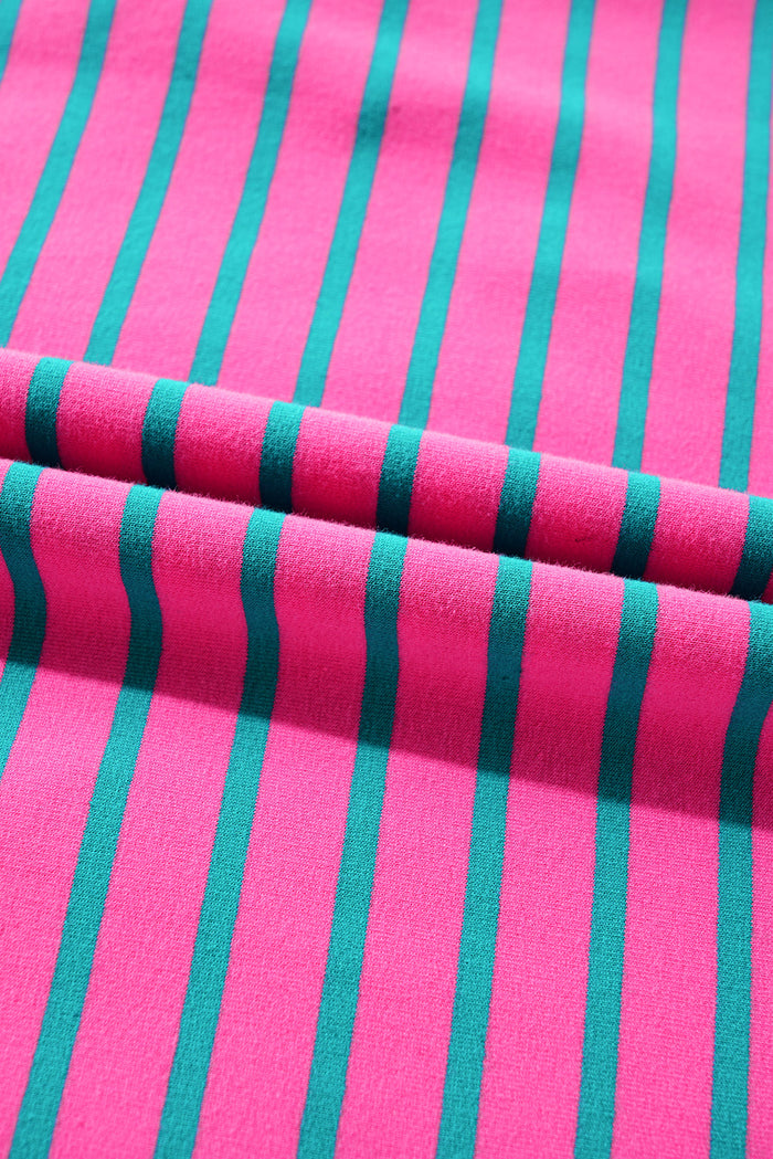 Pink Stripe Collared V Neck Puff Sleeve T Shirt Dress - Dresses/T Dresses