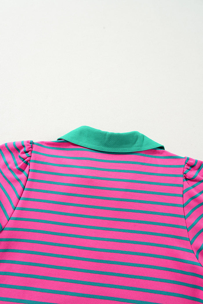 Pink Stripe Collared V Neck Puff Sleeve T Shirt Dress - Dresses/T Dresses