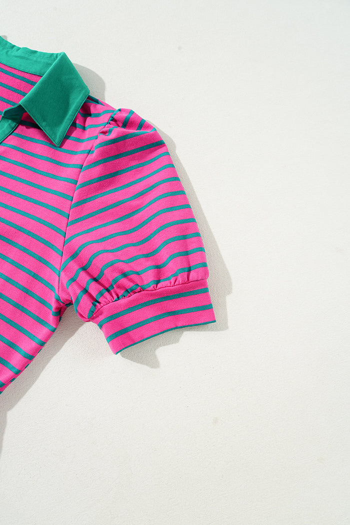 Pink Stripe Collared V Neck Puff Sleeve T Shirt Dress - Dresses/T Dresses