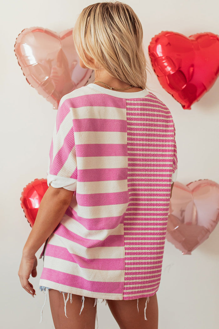 Pink Stripe Patchwork Textured Short Sleeve High Low Loose Top - Tops/Tops & Tees