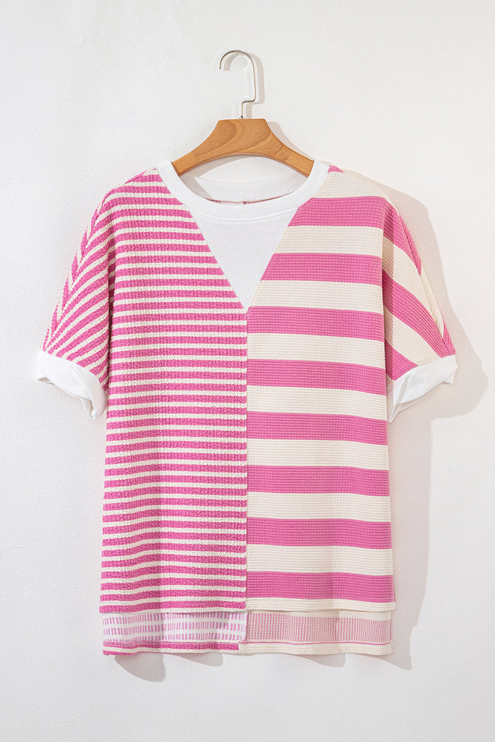 Pink Stripe Patchwork Textured Short Sleeve High Low Loose Top - Tops/Tops & Tees