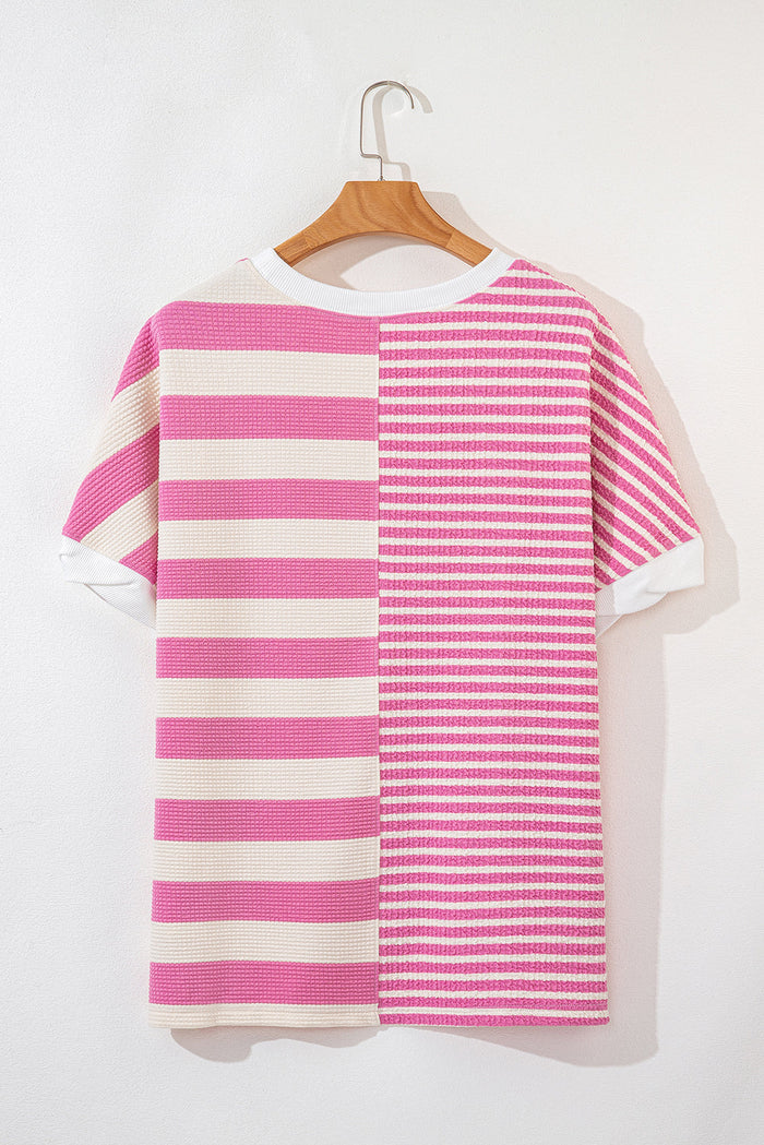 Pink Stripe Patchwork Textured Short Sleeve High Low Loose Top - Tops/Tops & Tees
