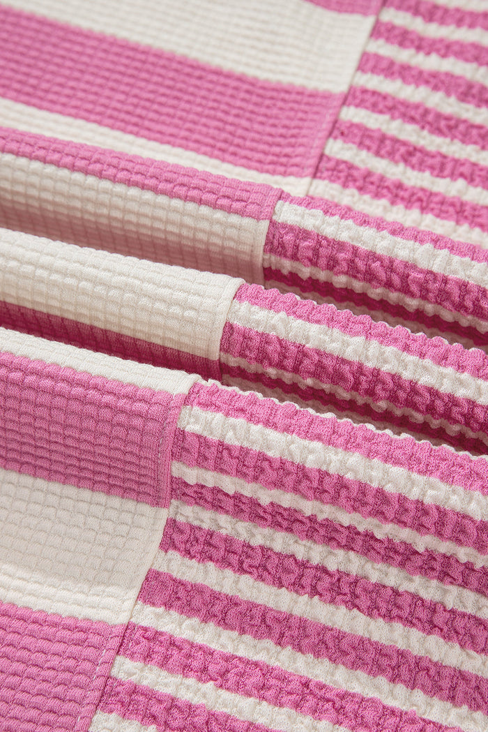 Pink Stripe Patchwork Textured Short Sleeve High Low Loose Top - Tops/Tops & Tees