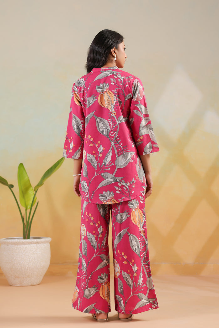 Pink Tropical Leaf Printed Cotton Flex Regular Fit Co-ord Set