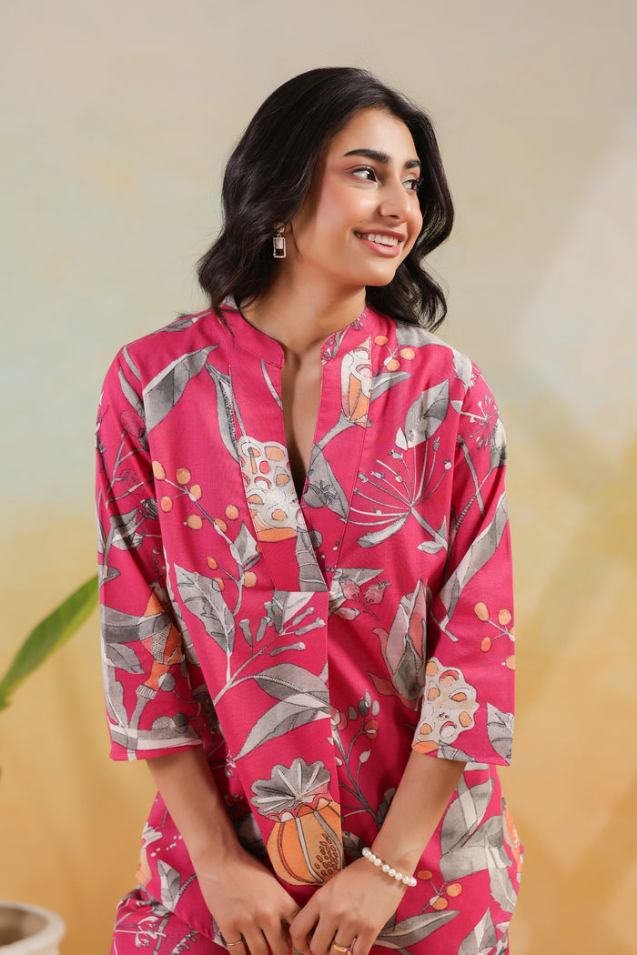 Pink Tropical Leaf Printed Cotton Flex Regular Fit Co-ord Set
