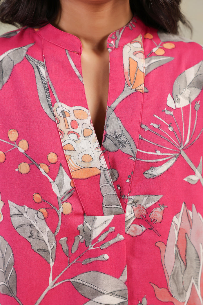 Pink Tropical Leaf Printed Cotton Flex Regular Fit Co-ord Set