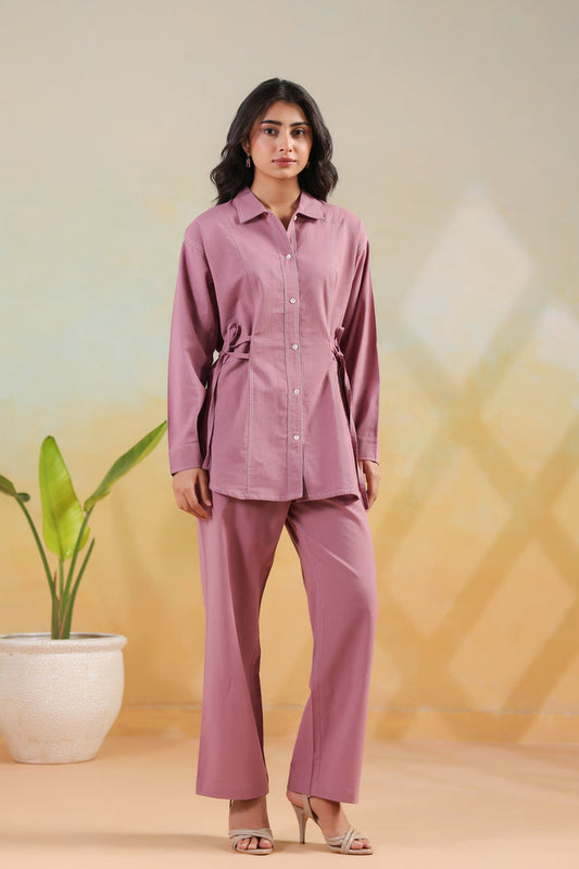 Pink Waist-Tie Belted Shirt Solid Cotton Flex Co-ord Set