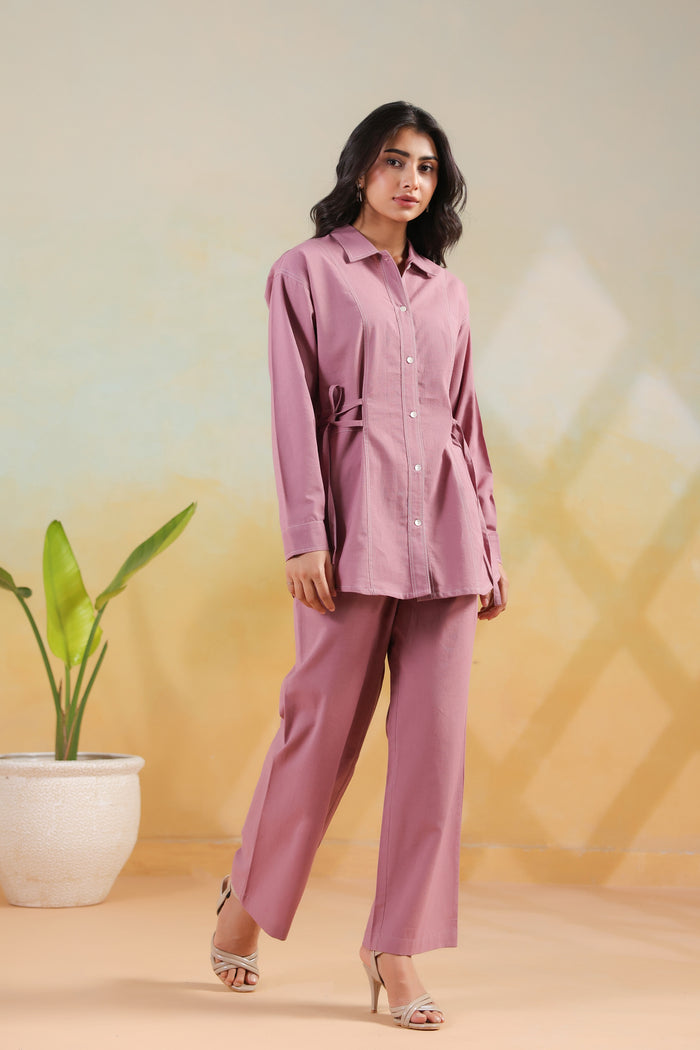 Pink Waist-Tie Belted Shirt Solid Cotton Flex Co-ord Set