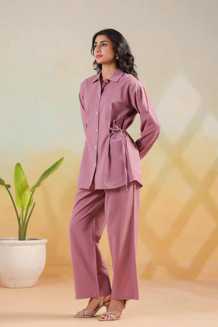 Pink Waist-Tie Belted Shirt Solid Cotton Flex Co-ord Set