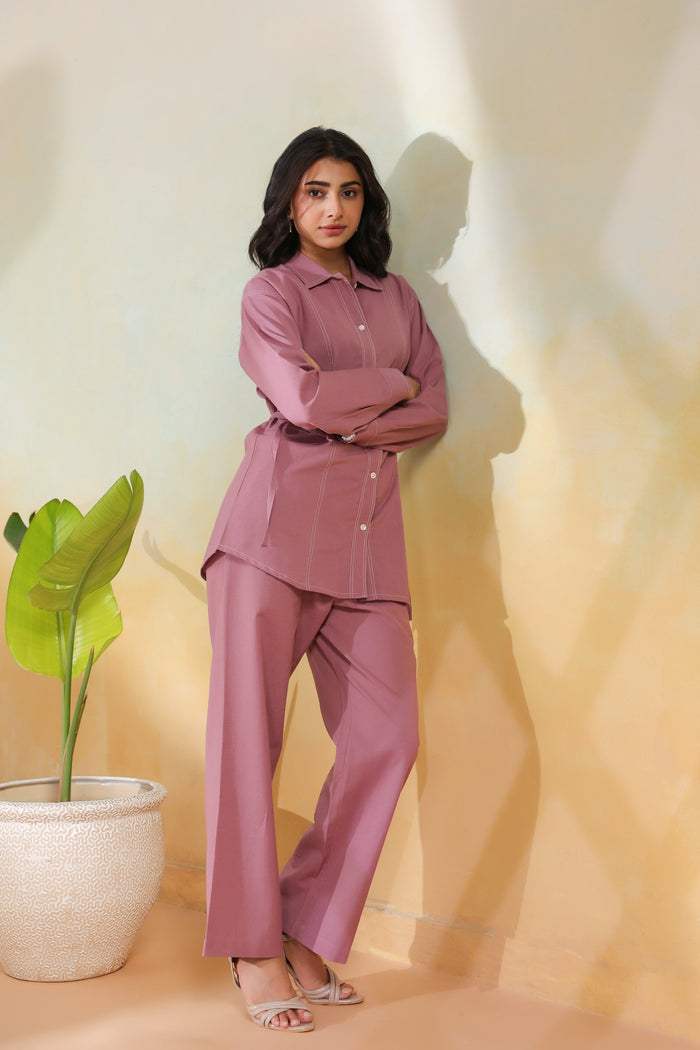 Pink Waist-Tie Belted Shirt Solid Cotton Flex Co-ord Set
