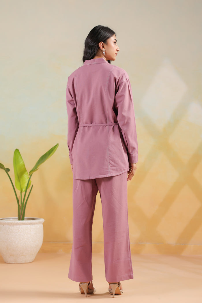Pink Waist-Tie Belted Shirt Solid Cotton Flex Co-ord Set