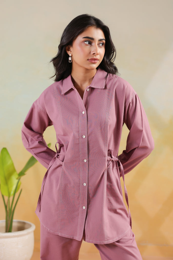 Pink Waist-Tie Belted Shirt Solid Cotton Flex Co-ord Set