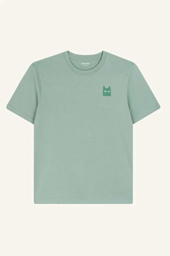 Contrast Pixel Cat Aloe Green graphic t-shirt, playful designer graphic tee in organic cotton.
