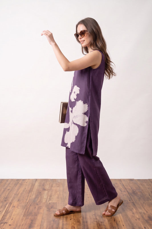 Purple Floral Printed Brushstroke Sleeveless Resort Wear Russian Silk Co-Ord Set
